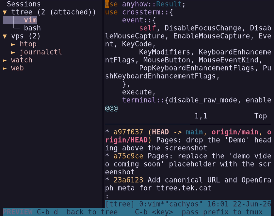 ttree showing the session tree and a live pane preview